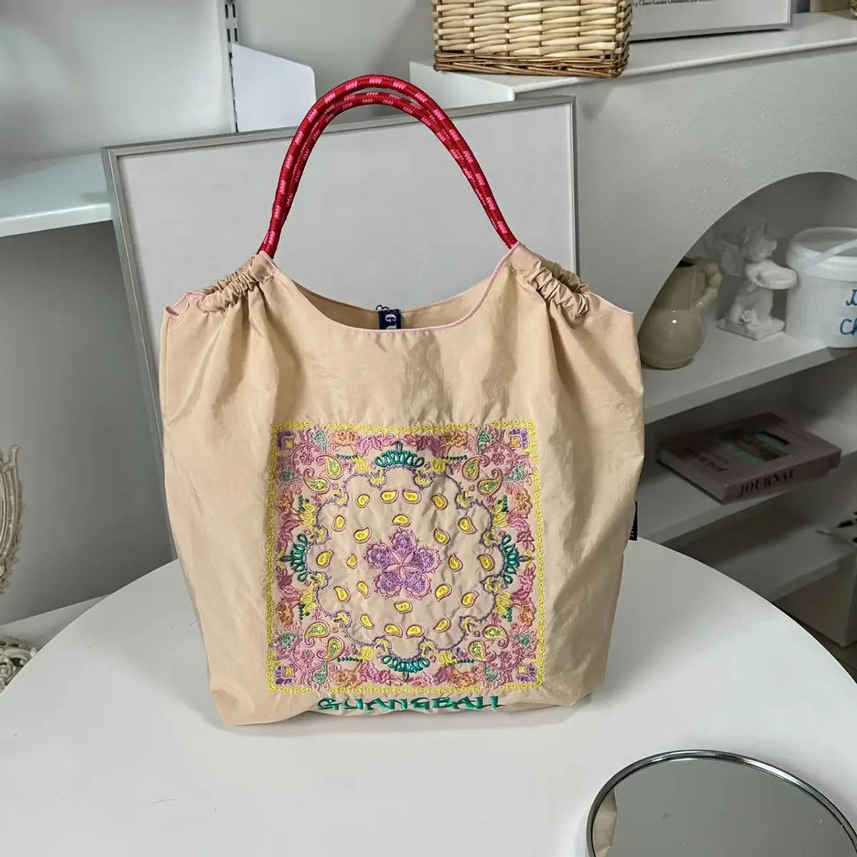 Japanese-Style Floral Canvas Bag with Braided Handle