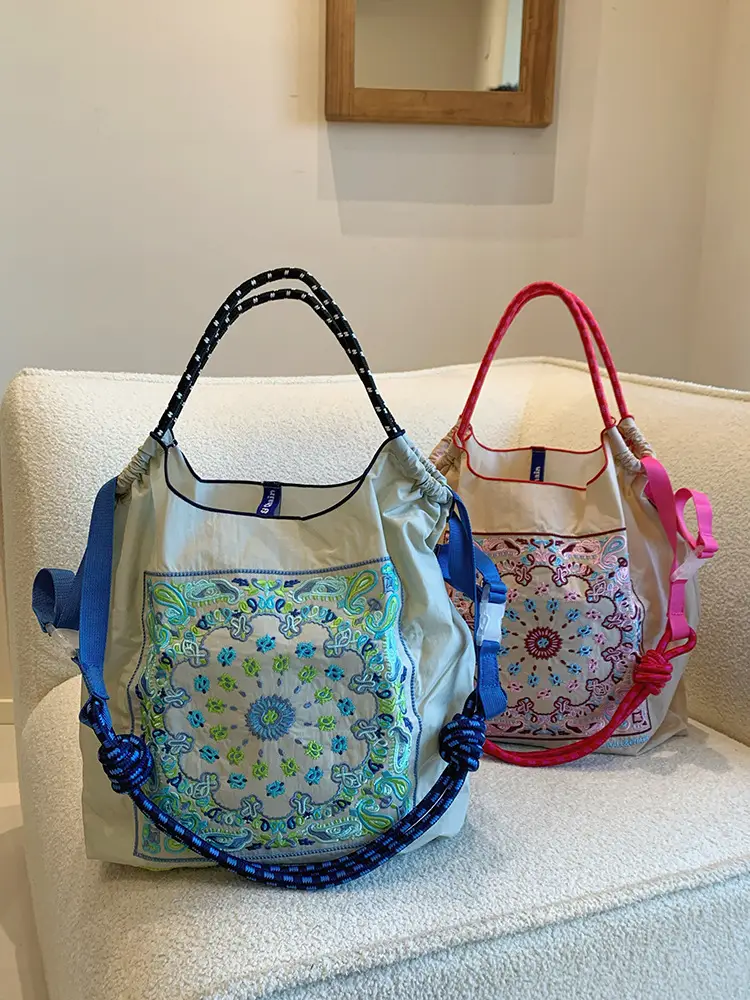 Japanese-Style Floral Canvas Bag with Braided Handle — feature 7