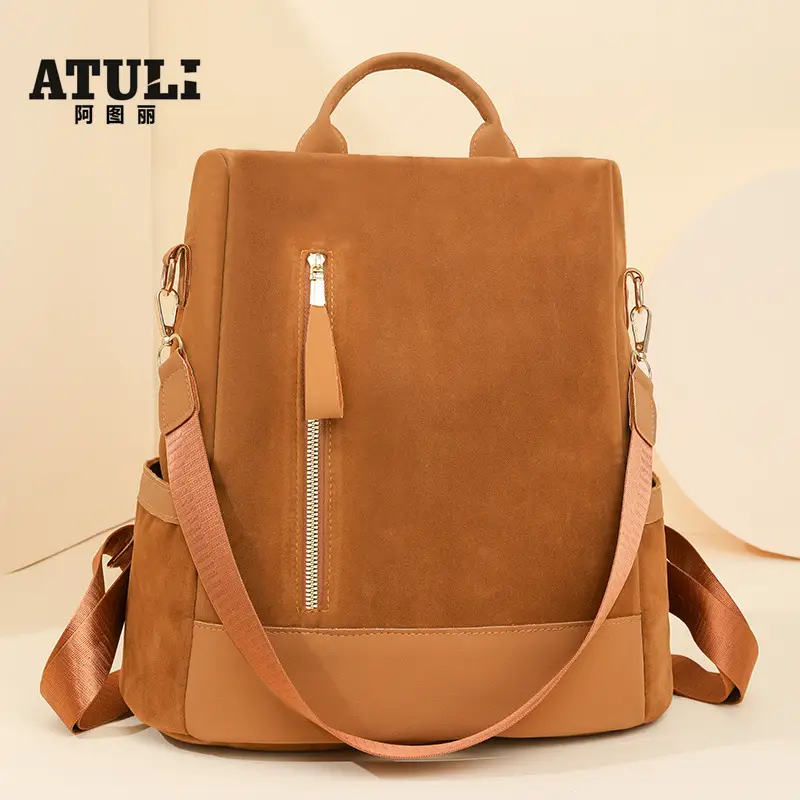 Women's Black Tan Zipper Shoulder Backpack with Tassel
