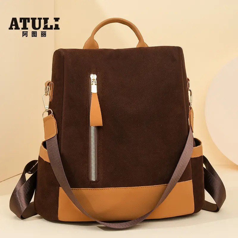 Women's Black Tan Zipper Shoulder Backpack with Tassel