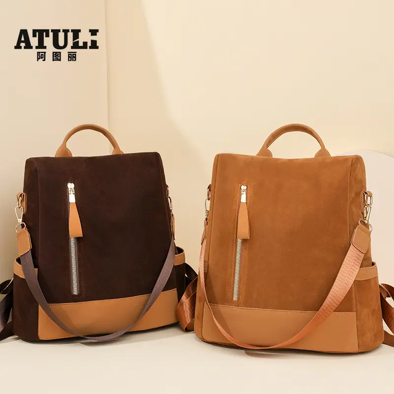 Women's Black Tan Zipper Shoulder Backpack with Tassel