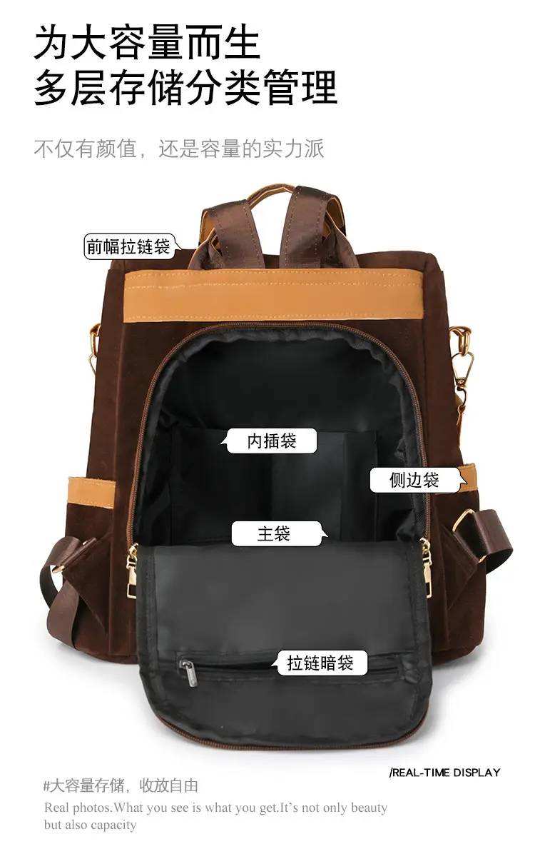 Women's Black Tan Zipper Shoulder Backpack with Tassel — feature 11