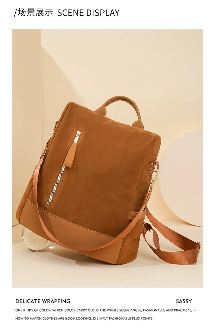 Women's Black Tan Zipper Shoulder Backpack with Tassel — feature 13