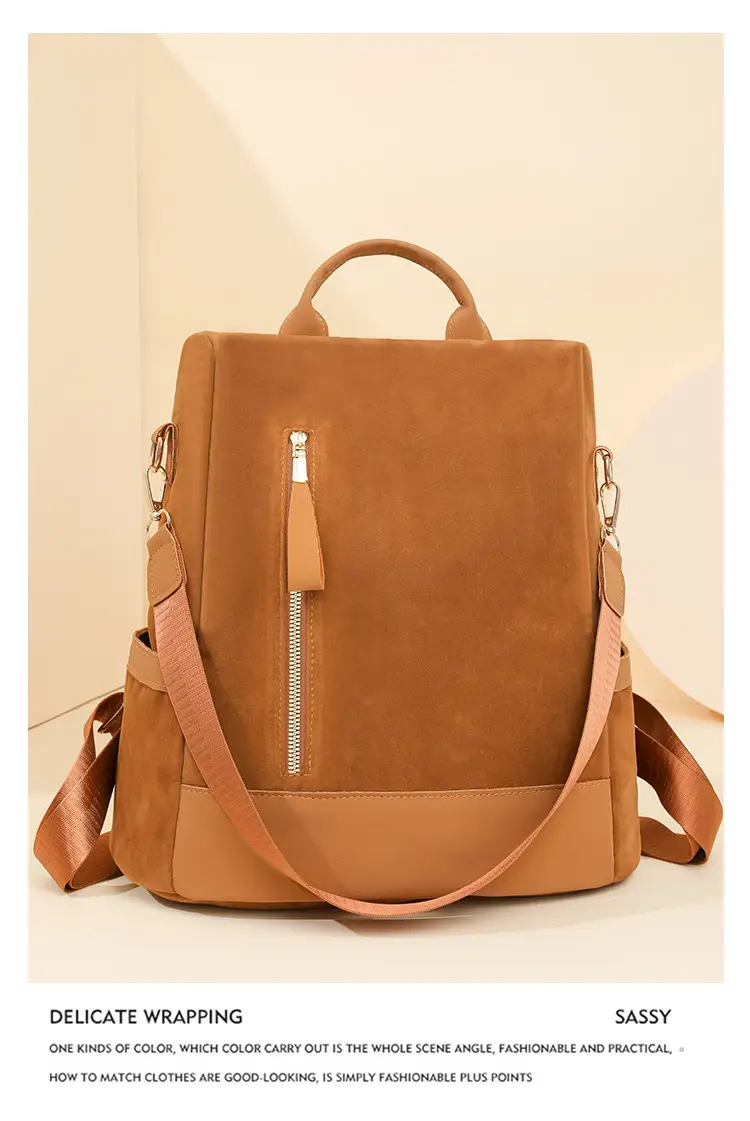 Women's Black Tan Zipper Shoulder Backpack with Tassel — feature 15