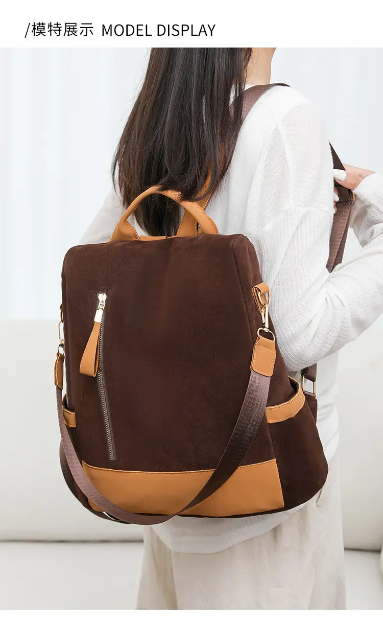 Women's Black Tan Zipper Shoulder Backpack with Tassel — feature 16