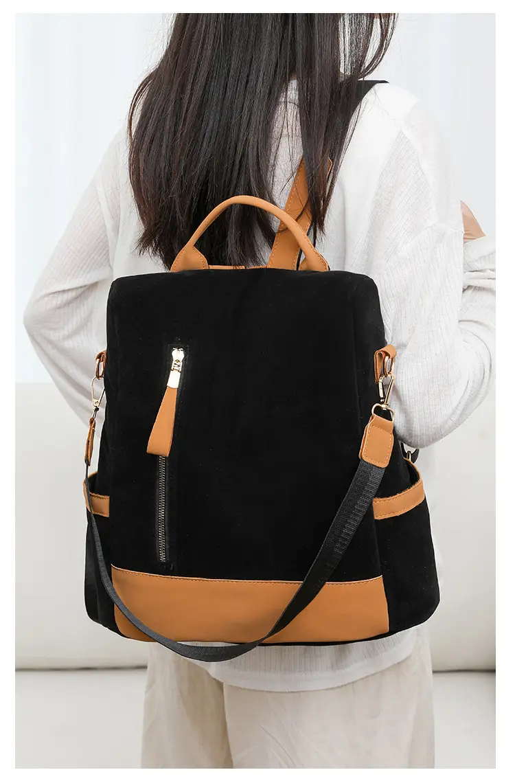 Women's Black Tan Zipper Shoulder Backpack with Tassel — feature 20