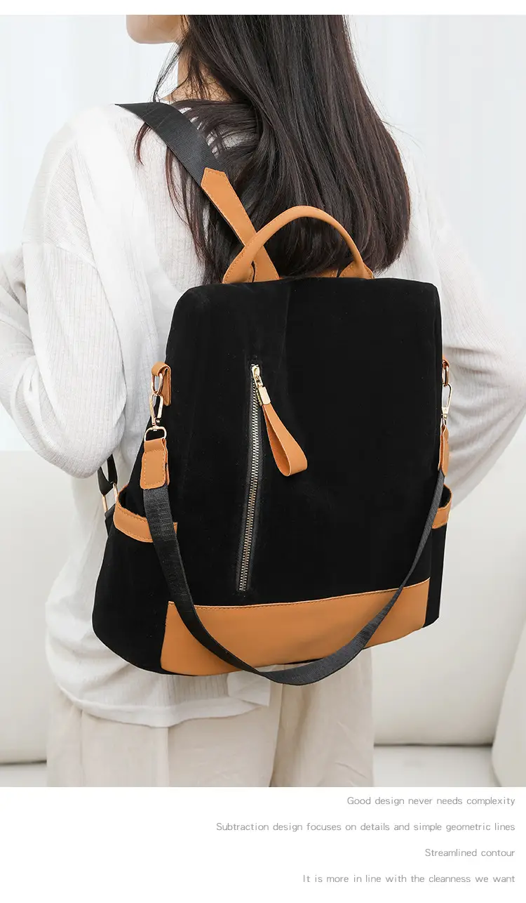 Women's Black Tan Zipper Shoulder Backpack with Tassel — feature 21