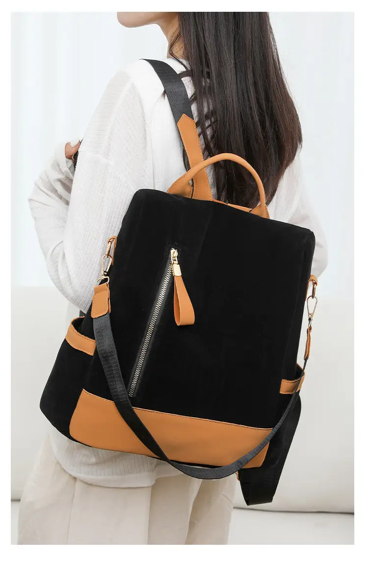 Women's Black Tan Zipper Shoulder Backpack with Tassel — feature 22