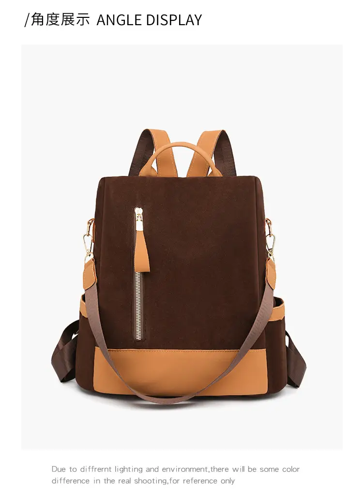 Women's Black Tan Zipper Shoulder Backpack with Tassel — feature 23