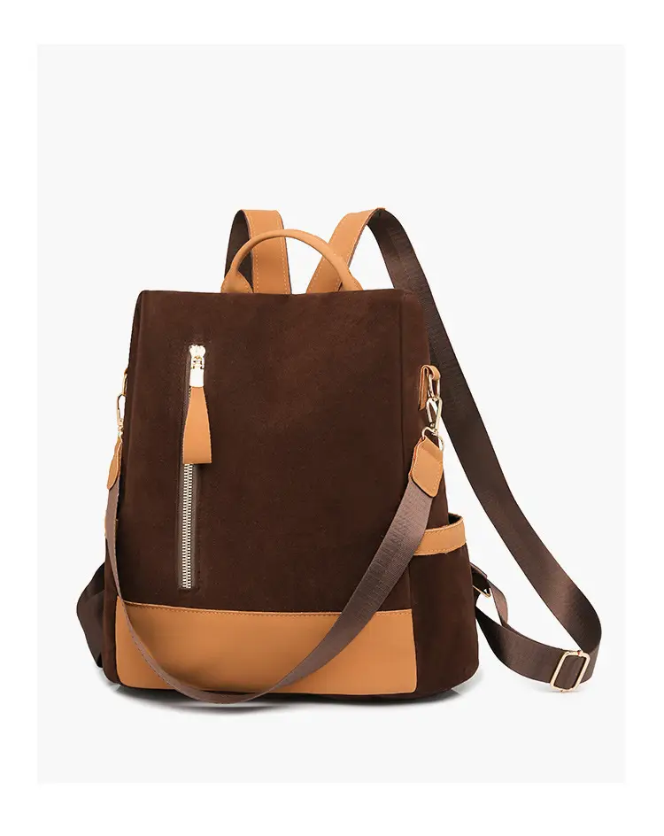 Women's Black Tan Zipper Shoulder Backpack with Tassel — feature 24