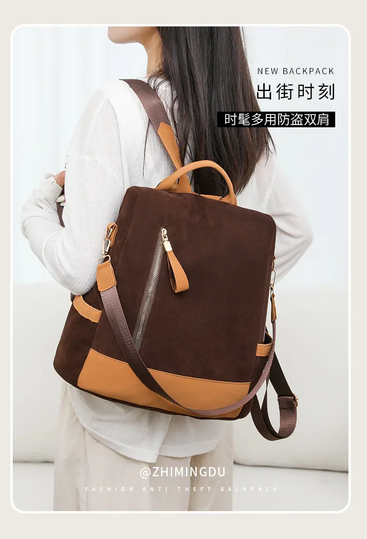 Women's Black Tan Zipper Shoulder Backpack with Tassel — feature 4