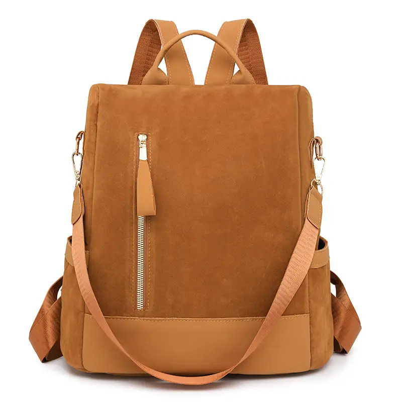 Women's Black Tan Zipper Shoulder Backpack with Tassel