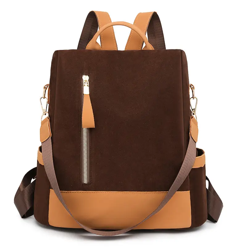 Women's Black Tan Zipper Shoulder Backpack with Tassel