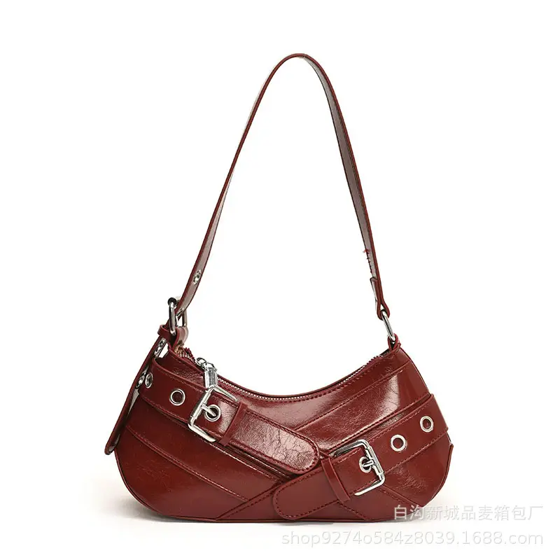 Women's Red Leather Shoulder Bag with Detachable Strap