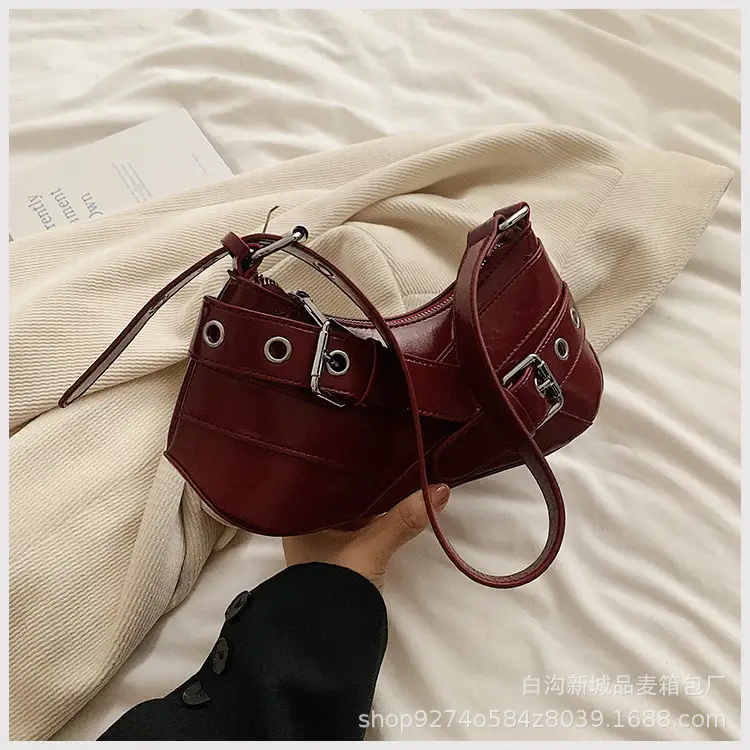 Women's Red Leather Shoulder Bag with Detachable Strap