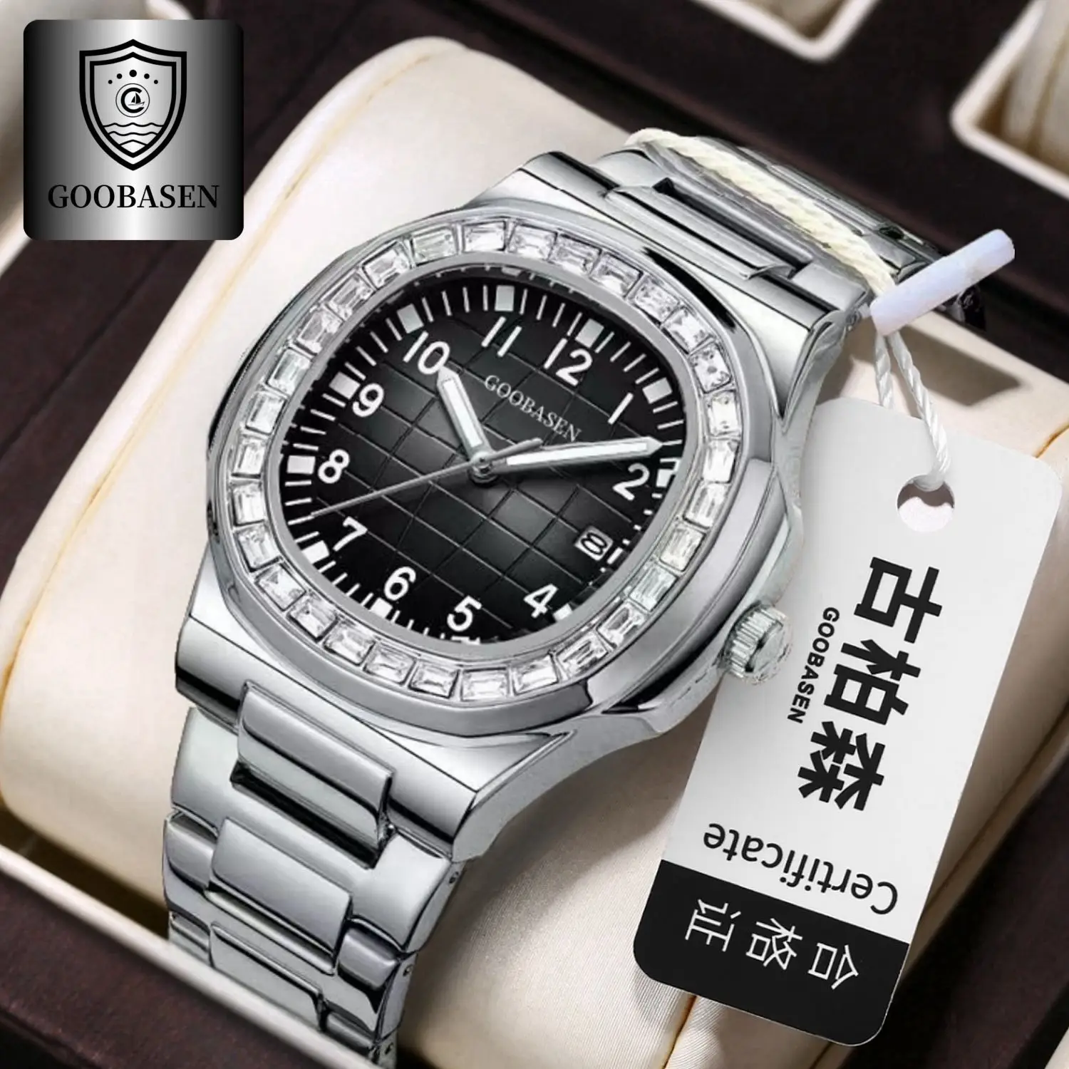 Guberson Square Watch with Calendar Quartz Black Leather Strap - Image 8