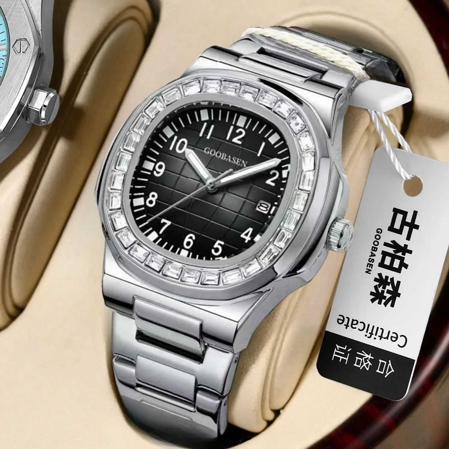 Guberson Square Watch with Calendar Quartz Black Leather Strap - Image 3