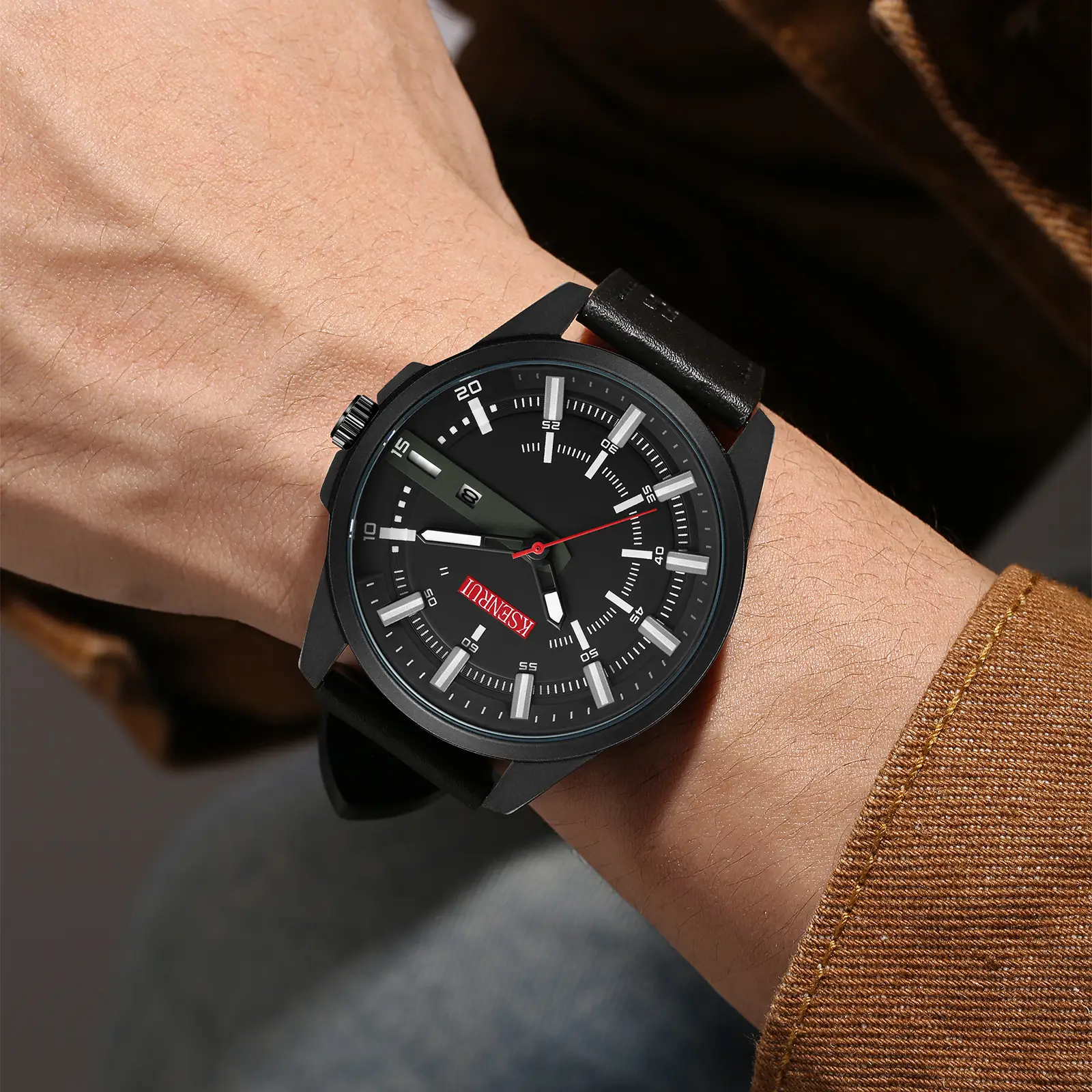 Men's Black Quartz Belt Calendar Watch with Red Second Hand - Image 7