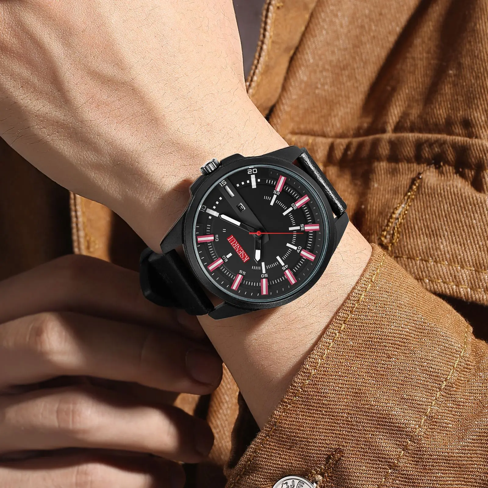 Men's Black Quartz Belt Calendar Watch with Red Second Hand — feature 17
