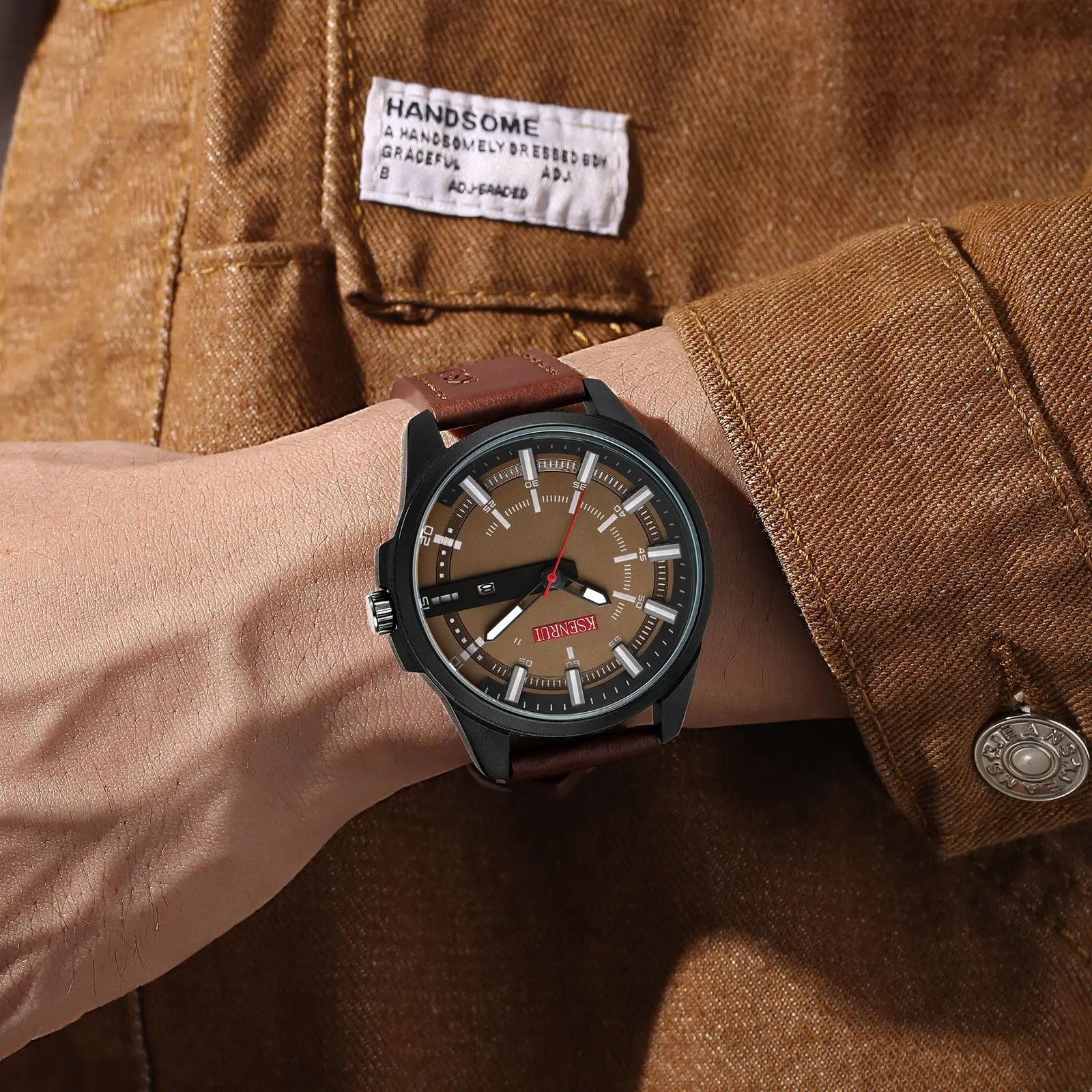 Men's Black Quartz Belt Calendar Watch with Red Second Hand — feature 19