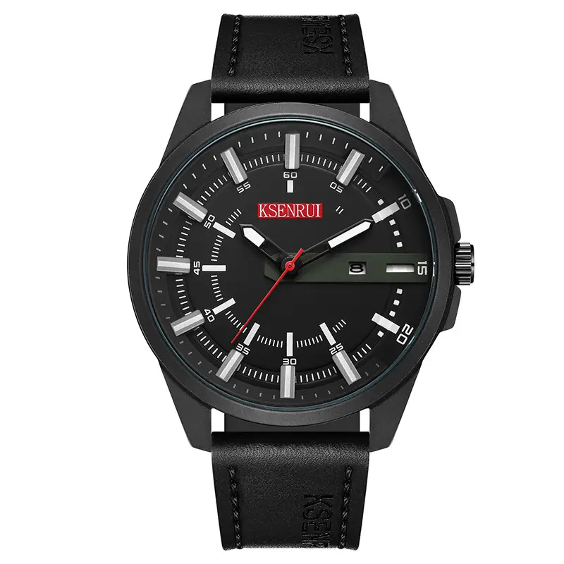 Men's Black Quartz Belt Calendar Watch with Red Second Hand - Image 3