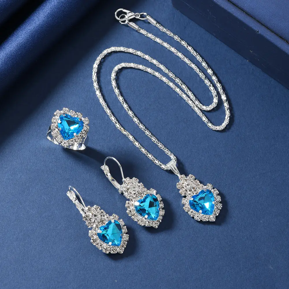 Blue Diamond Heart Jewelry Set for Women - Image 3