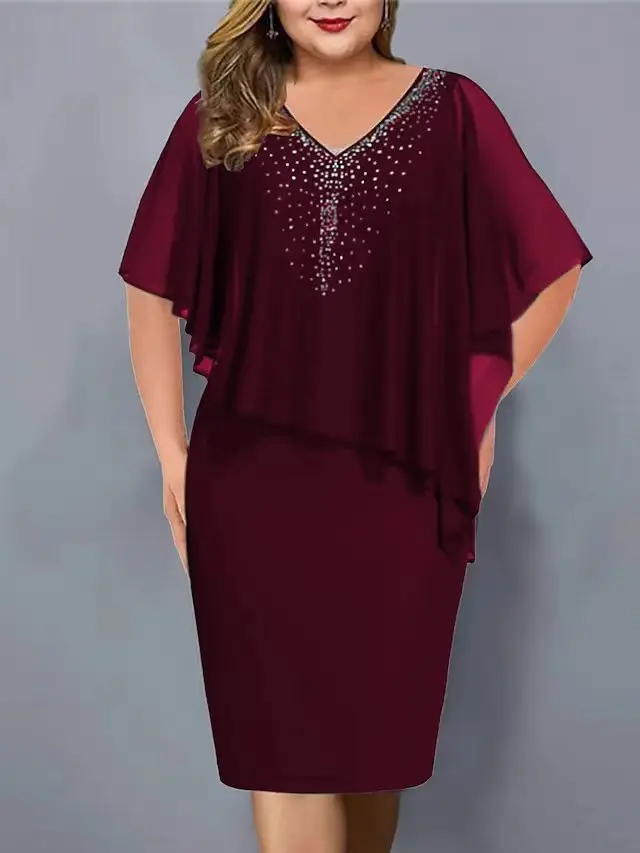 Maroon V-Collar Sleeve Dress for Women Plus Size 2024 — feature 2
