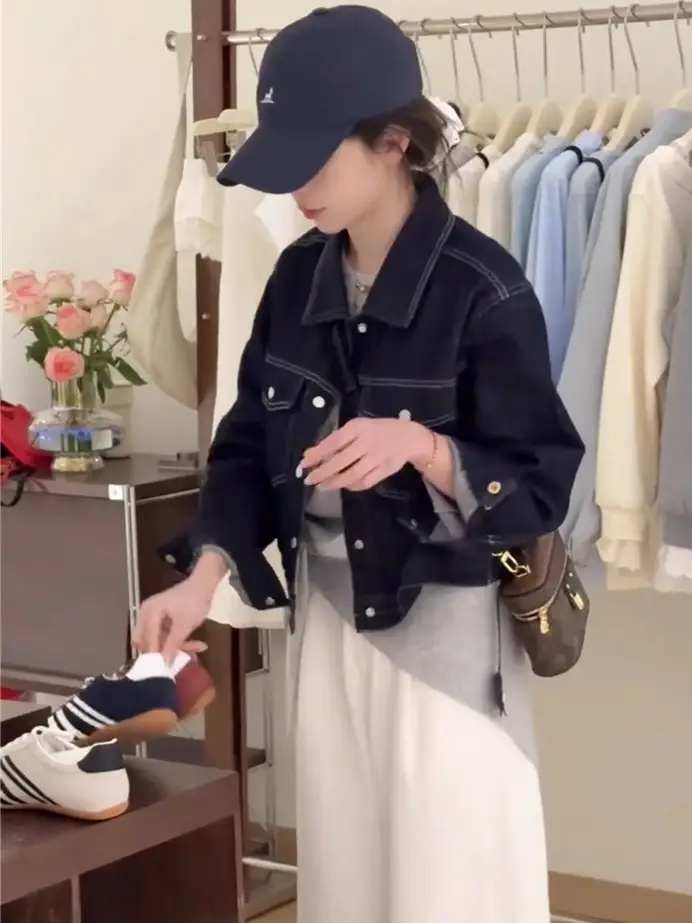 Women Korean Retro Denim Jacket Dark Blue 2025 Spring
