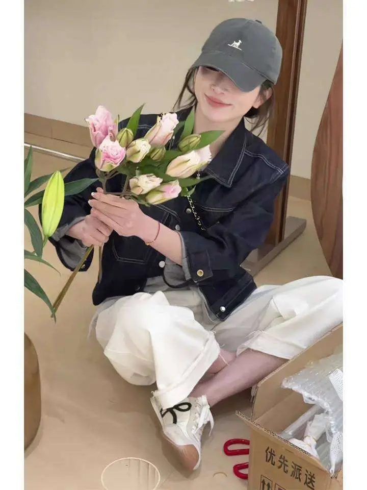 Women Korean Retro Denim Jacket Dark Blue 2025 Spring — feature 13