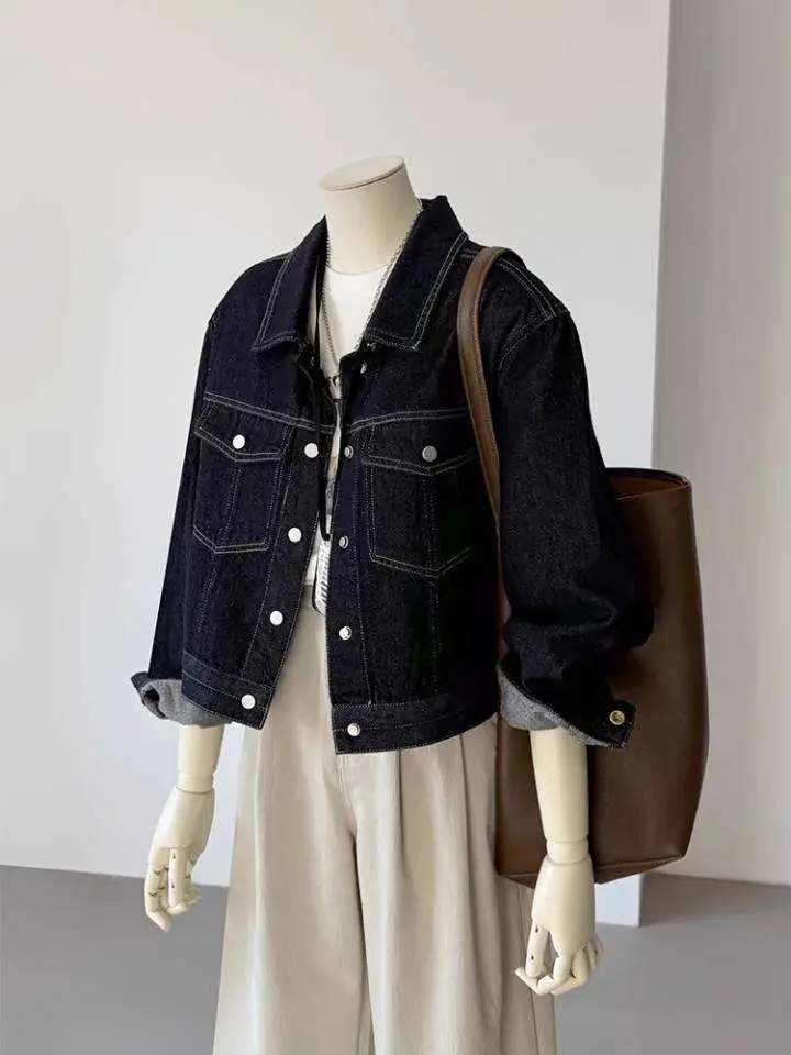 Women Korean Retro Denim Jacket Dark Blue 2025 Spring — feature 14