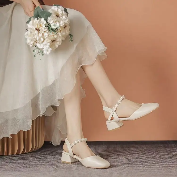Pearl Baotou Thick Heel Sandals Fairy Style 2025 Summer All-match Thick Heel Gentle Mid-heel Mary Jane Single-layer Shoes - Image 3