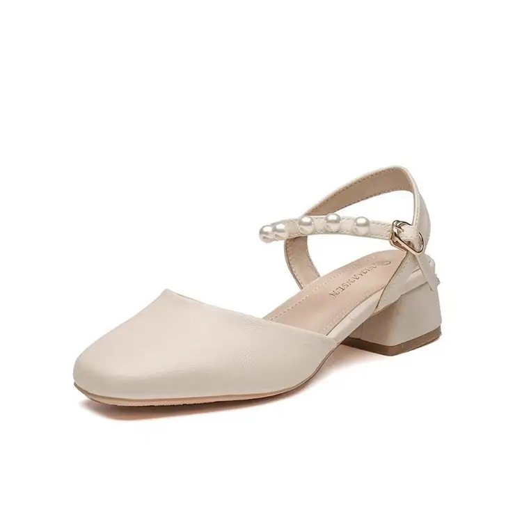 Pearl Baotou Thick Heel Sandals Fairy Style 2025 Summer All-match Thick Heel Gentle Mid-heel Mary Jane Single-layer Shoes - Image 5