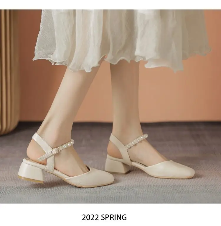 Pearl Baotou Thick Heel Sandals Fairy Style 2025 Summer All-match Thick Heel Gentle Mid-heel Mary Jane Single-layer Shoes — feature 2