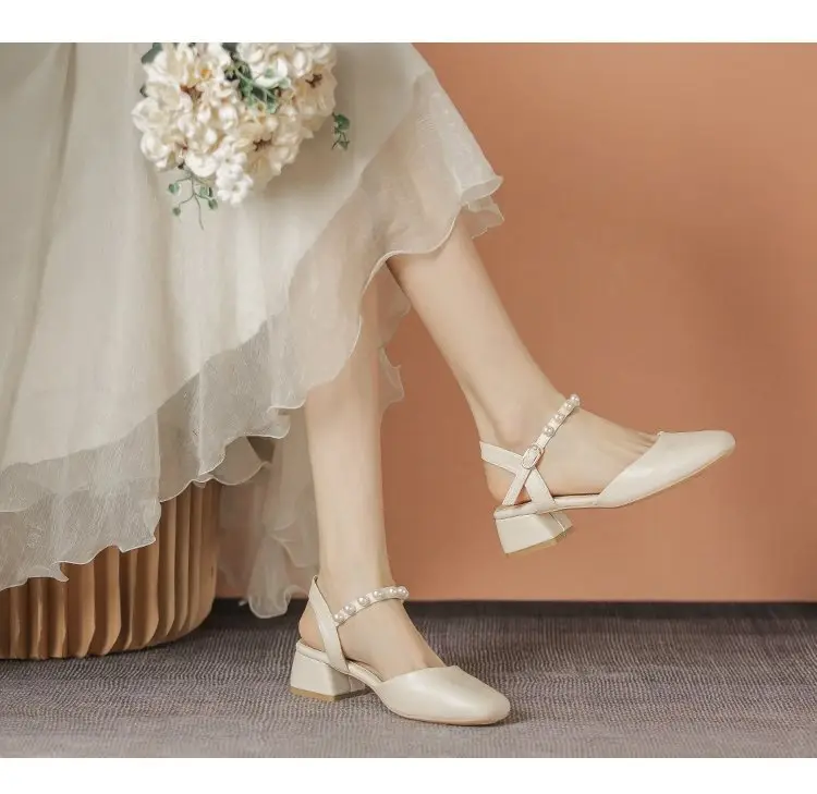 Pearl Baotou Thick Heel Sandals Fairy Style 2025 Summer All-match Thick Heel Gentle Mid-heel Mary Jane Single-layer Shoes — feature 3