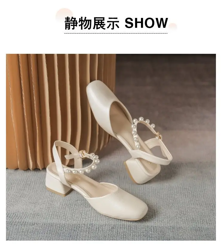 Pearl Baotou Thick Heel Sandals Fairy Style 2025 Summer All-match Thick Heel Gentle Mid-heel Mary Jane Single-layer Shoes — feature 4