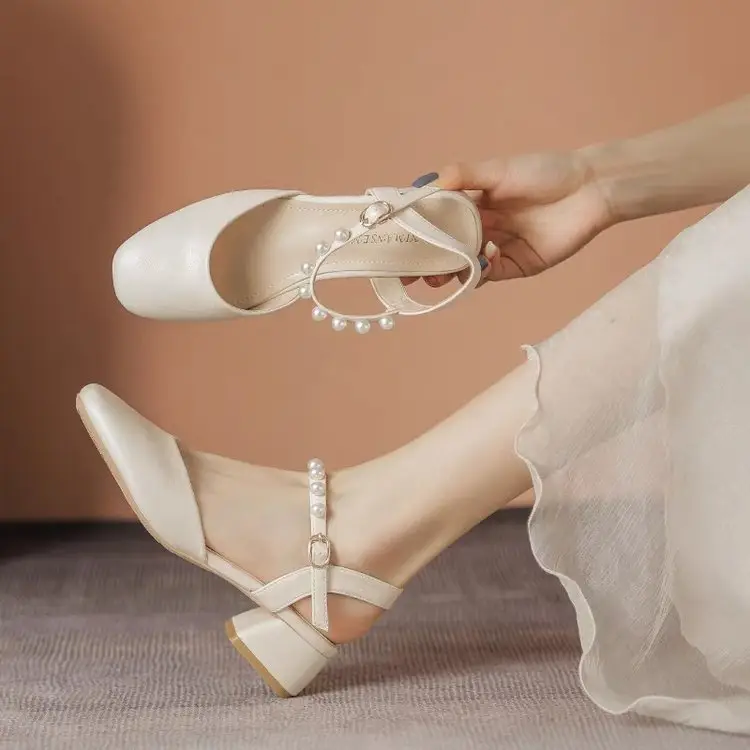 Pearl Baotou Thick Heel Sandals Fairy Style 2025 Summer All-match Thick Heel Gentle Mid-heel Mary Jane Single-layer Shoes — feature 6