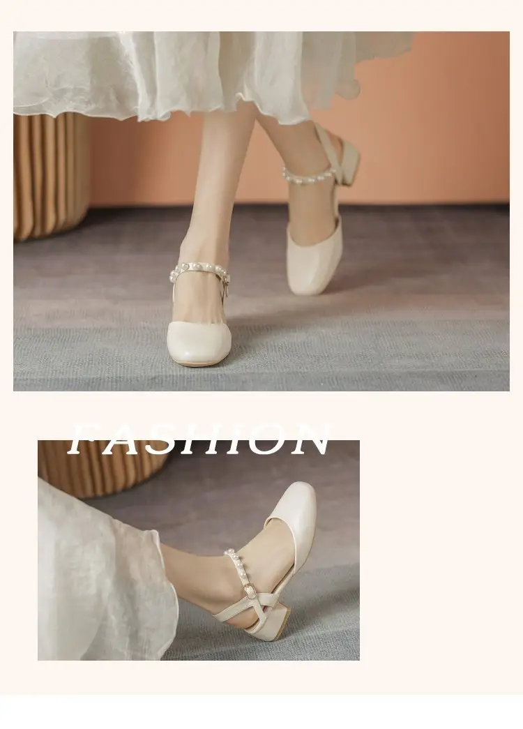 Pearl Baotou Thick Heel Sandals Fairy Style 2025 Summer All-match Thick Heel Gentle Mid-heel Mary Jane Single-layer Shoes — feature 8
