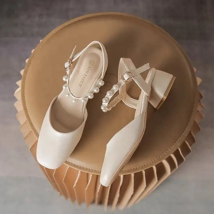 Pearl Baotou Thick Heel Sandals Fairy Style 2025 Summer All-match Thick Heel Gentle Mid-heel Mary Jane Single-layer Shoes — feature 9