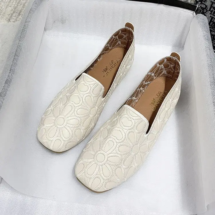 Women's Square Head Loafers White Leather 2025