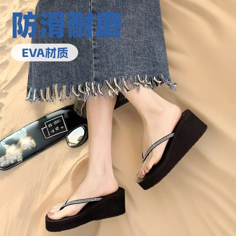 Rhinestone Fashion Clip Thick Bottom Flip-Flops Women's Outer Wear Summer Middle Heel Non-slip Wear-resistant Wedge Sandals Sandals Slippers