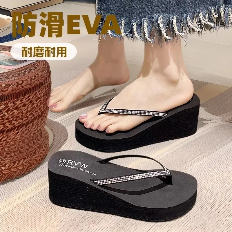 Rhinestone Fashion Clip Thick Bottom Flip-Flops Women's Outer Wear Summer Middle Heel Non-slip Wear-resistant Wedge Sandals Sandals Slippers