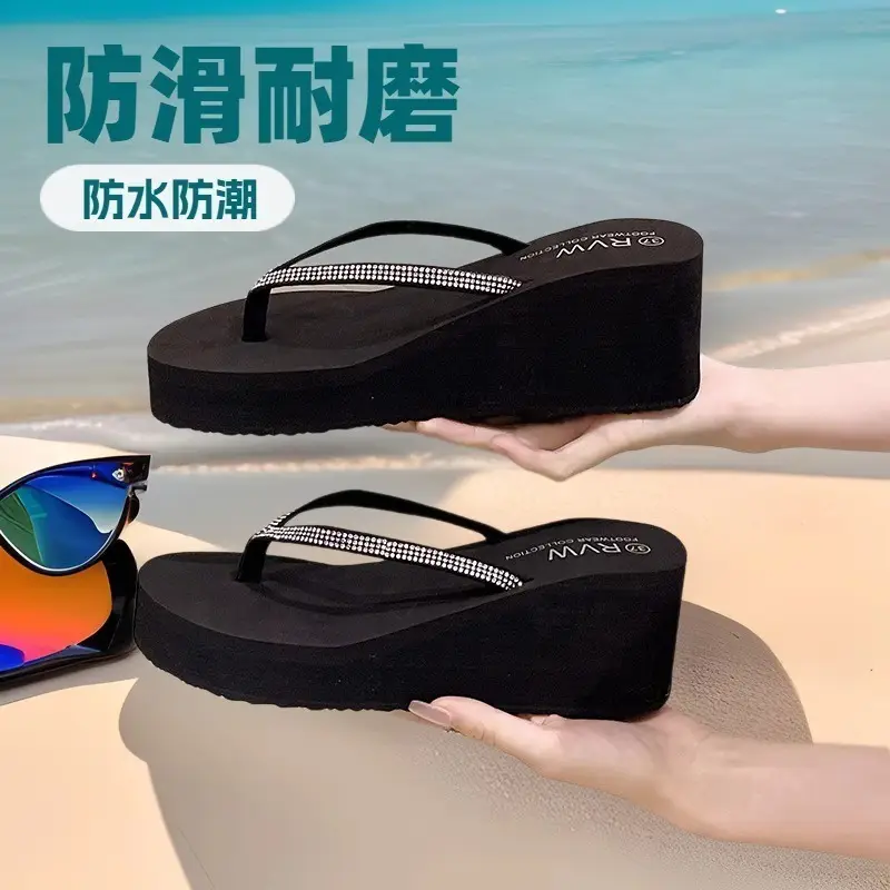 Rhinestone Fashion Clip Thick Bottom Flip-Flops Women's Outer Wear Summer Middle Heel Non-slip Wear-resistant Wedge Sandals Sandals Slippers