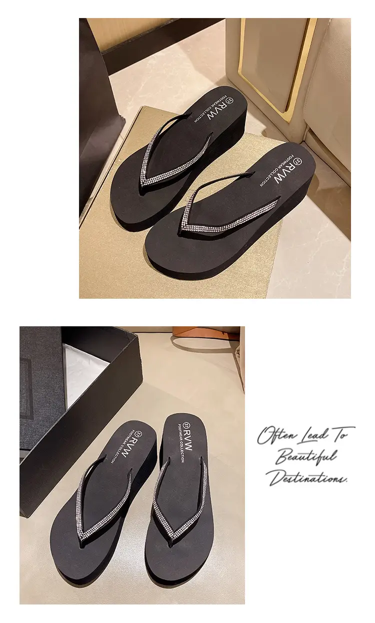 Rhinestone Fashion Clip Thick Bottom Flip-Flops Women's Outer Wear Summer Middle Heel Non-slip Wear-resistant Wedge Sandals Sandals Slippers — feature 10