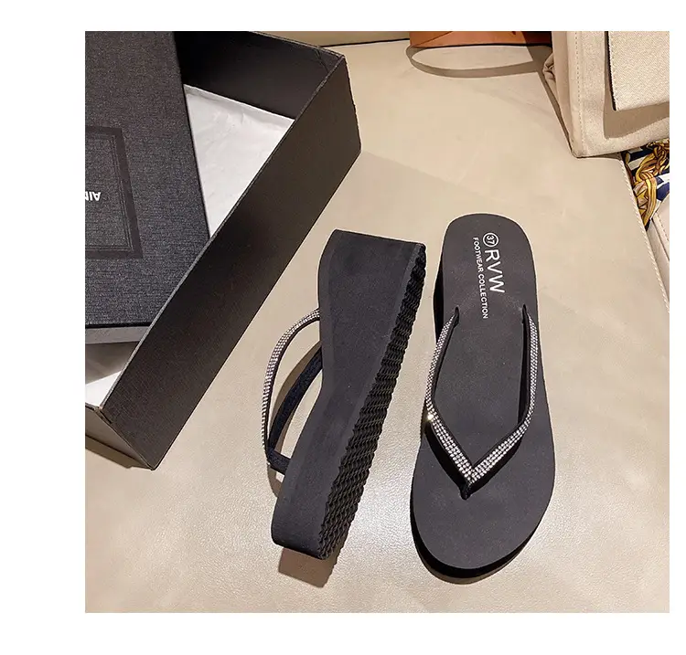 Rhinestone Fashion Clip Thick Bottom Flip-Flops Women's Outer Wear Summer Middle Heel Non-slip Wear-resistant Wedge Sandals Sandals Slippers — feature 11