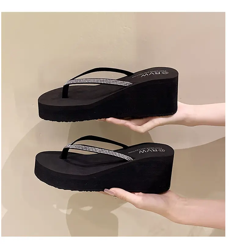 Rhinestone Fashion Clip Thick Bottom Flip-Flops Women's Outer Wear Summer Middle Heel Non-slip Wear-resistant Wedge Sandals Sandals Slippers — feature 3