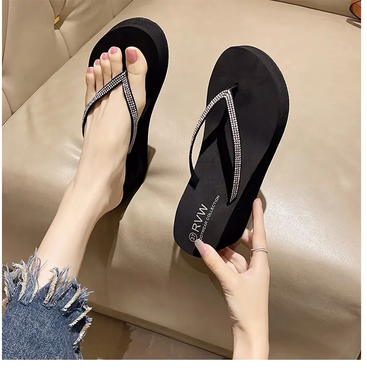 Rhinestone Fashion Clip Thick Bottom Flip-Flops Women's Outer Wear Summer Middle Heel Non-slip Wear-resistant Wedge Sandals Sandals Slippers — feature 4