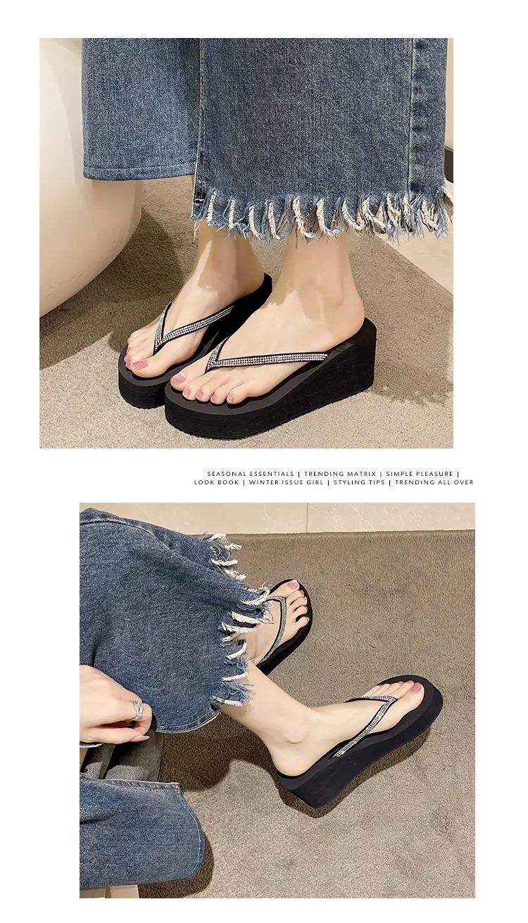 Rhinestone Fashion Clip Thick Bottom Flip-Flops Women's Outer Wear Summer Middle Heel Non-slip Wear-resistant Wedge Sandals Sandals Slippers — feature 6