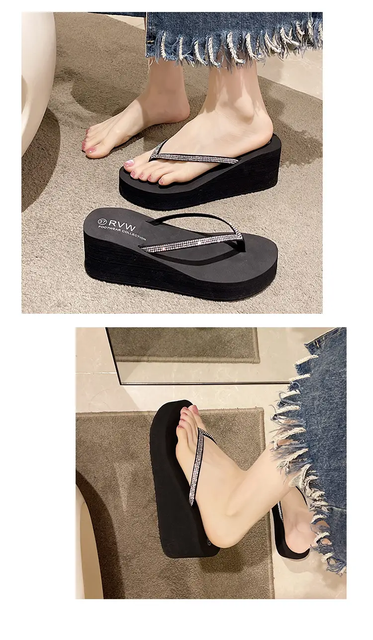 Rhinestone Fashion Clip Thick Bottom Flip-Flops Women's Outer Wear Summer Middle Heel Non-slip Wear-resistant Wedge Sandals Sandals Slippers — feature 7
