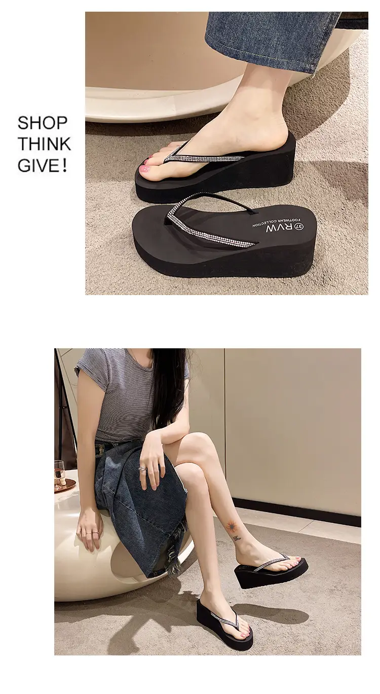 Rhinestone Fashion Clip Thick Bottom Flip-Flops Women's Outer Wear Summer Middle Heel Non-slip Wear-resistant Wedge Sandals Sandals Slippers — feature 8