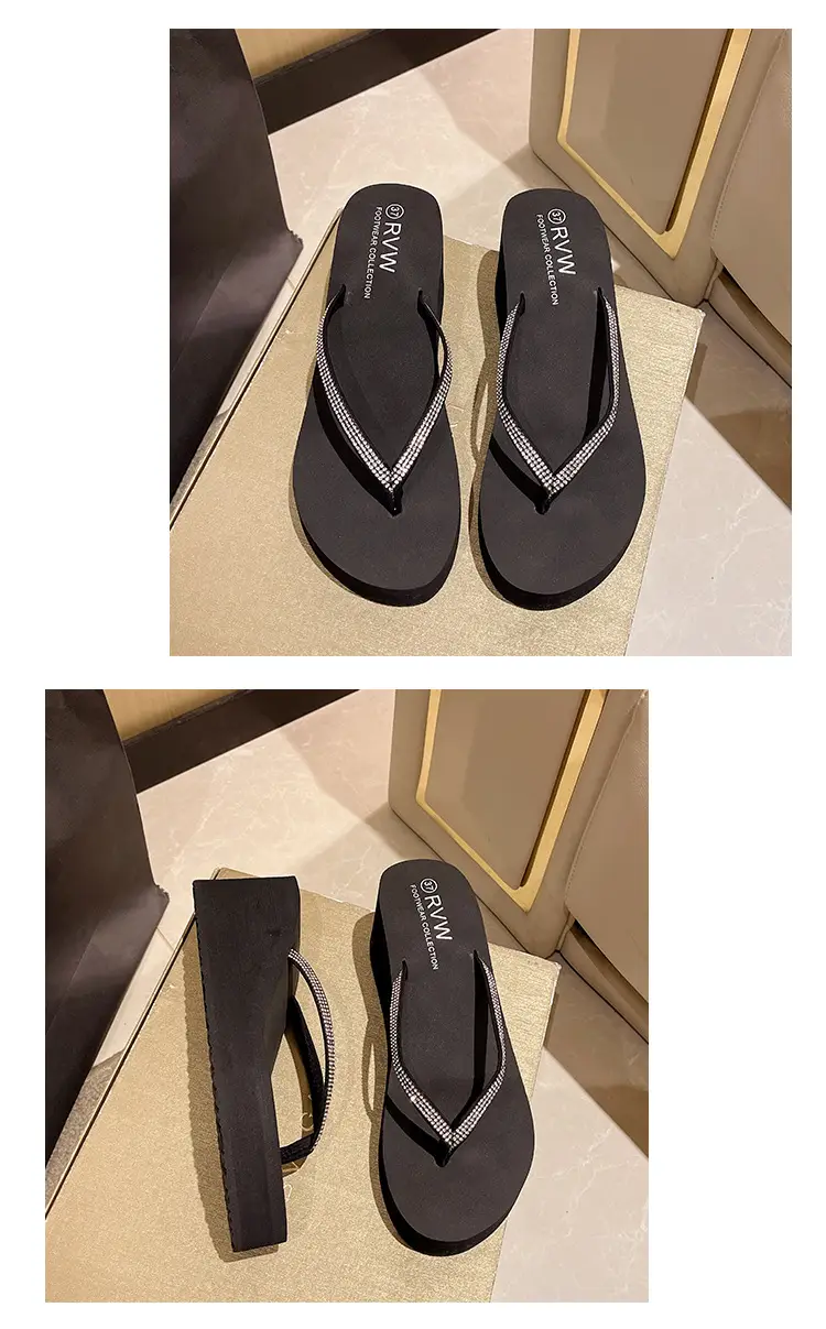 Rhinestone Fashion Clip Thick Bottom Flip-Flops Women's Outer Wear Summer Middle Heel Non-slip Wear-resistant Wedge Sandals Sandals Slippers — feature 9